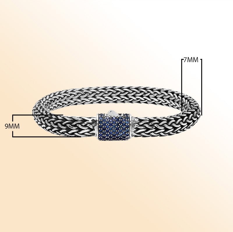 Sterling silver handcrafted Bali bracelet with Sapphire Quartz clasp and oxidized detailing.