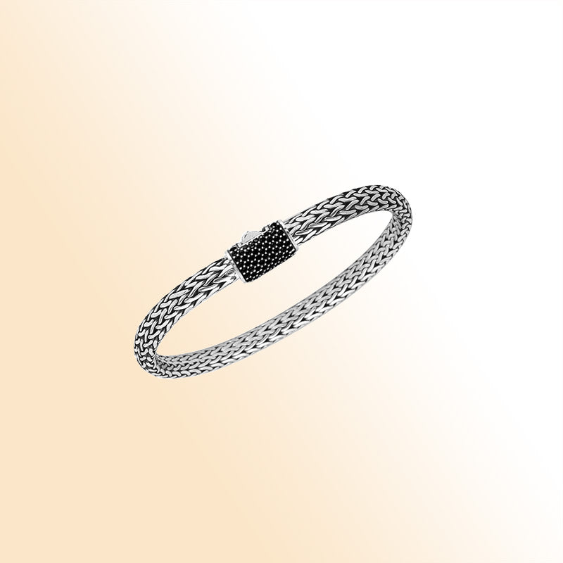 Sterling silver 4x6 mm handcrafted Bali bracelet with Black Cubic Zirconia clasp and oxidized finish.