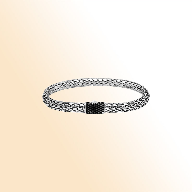 Sterling silver 4x6 mm handcrafted Bali bracelet with Black Cubic Zirconia clasp and oxidized finish.