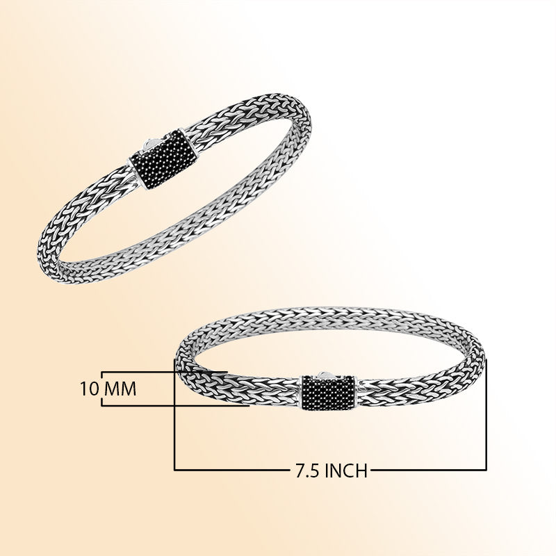 Sterling silver 4x6 mm handcrafted Bali bracelet with Black Cubic Zirconia clasp and oxidized finish.