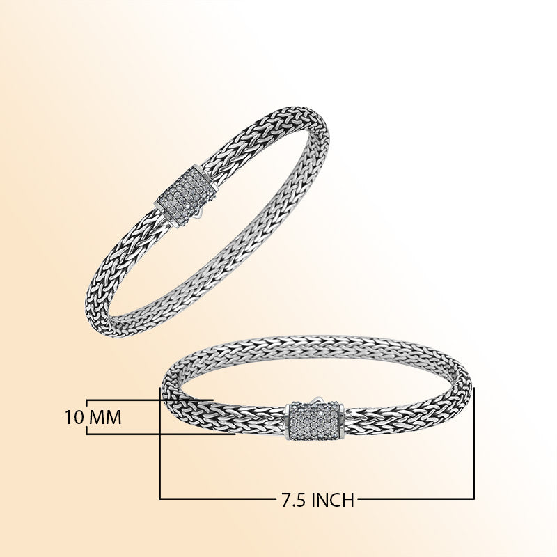 Sterling silver 4x6 mm handcrafted Bali bracelet with White Cubic Zirconia clasp and oxidized finish.