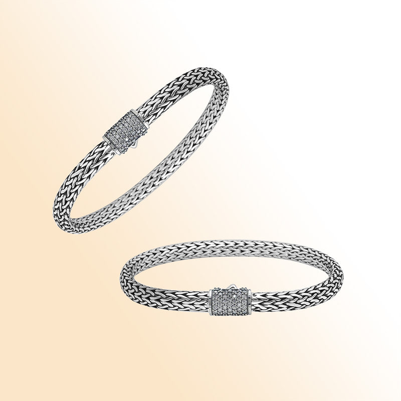 Sterling silver 4x6 mm handcrafted Bali bracelet with White Cubic Zirconia clasp and oxidized finish.