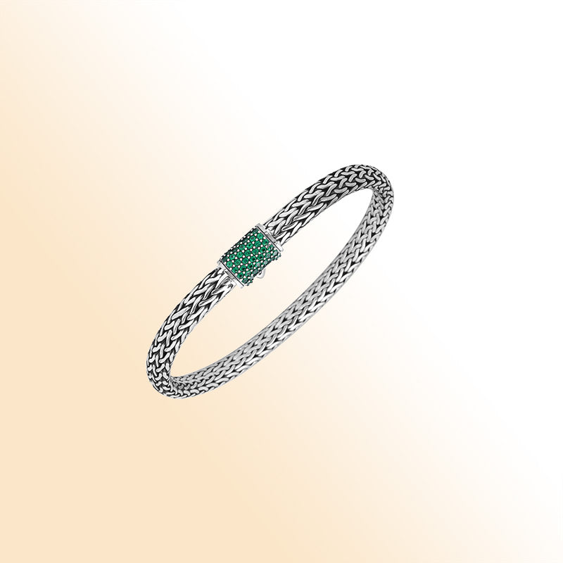 Sterling silver 4x6 mm handcrafted Bali bracelet with Emerald Quartz clasp and oxidized finish.