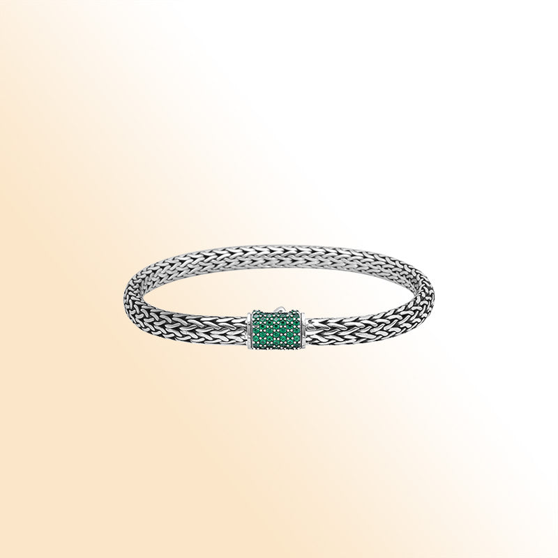 Sterling silver 4x6 mm handcrafted Bali bracelet with Emerald Quartz clasp and oxidized finish.