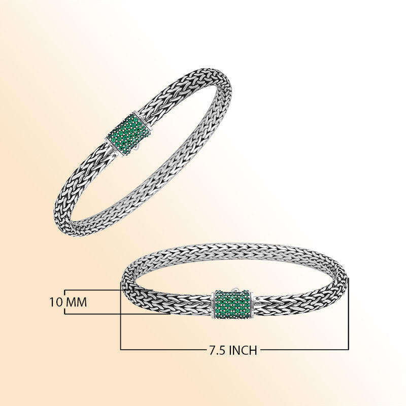 Sterling silver 4x6 mm handcrafted Bali bracelet with Emerald Quartz clasp and oxidized finish.