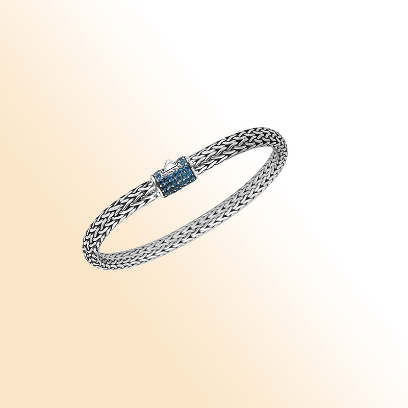 Sapphire Quartz sterling silver braided bracelet with barrel clasp