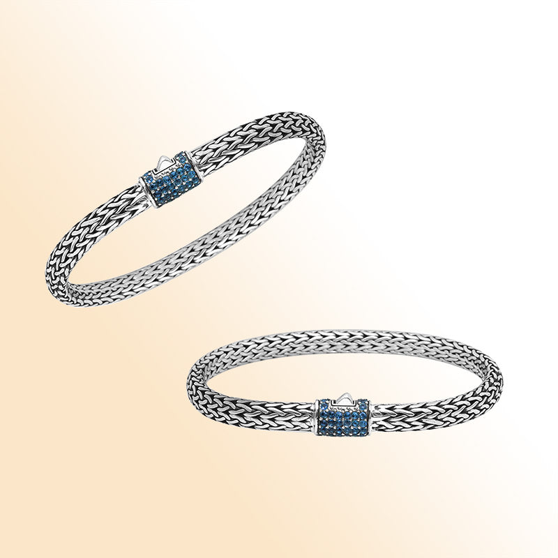 Sapphire Quartz sterling silver braided bracelet with barrel clasp