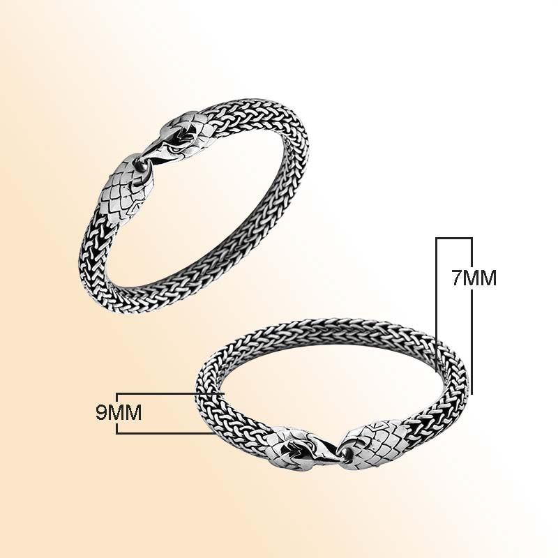 Sterling Silver Snake Head Bracelet With Intricate Woven Texture And Bold Artisan Detailing For A Striking Statement Look.