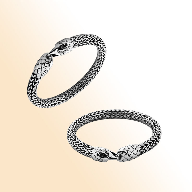 Sterling Silver Snake Head Bracelet With Intricate Woven Texture And Bold Artisan Detailing For A Striking Statement Look.