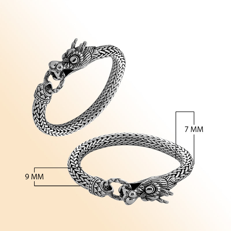 Single dragon head sterling silver braided bracelet with oxidized finish