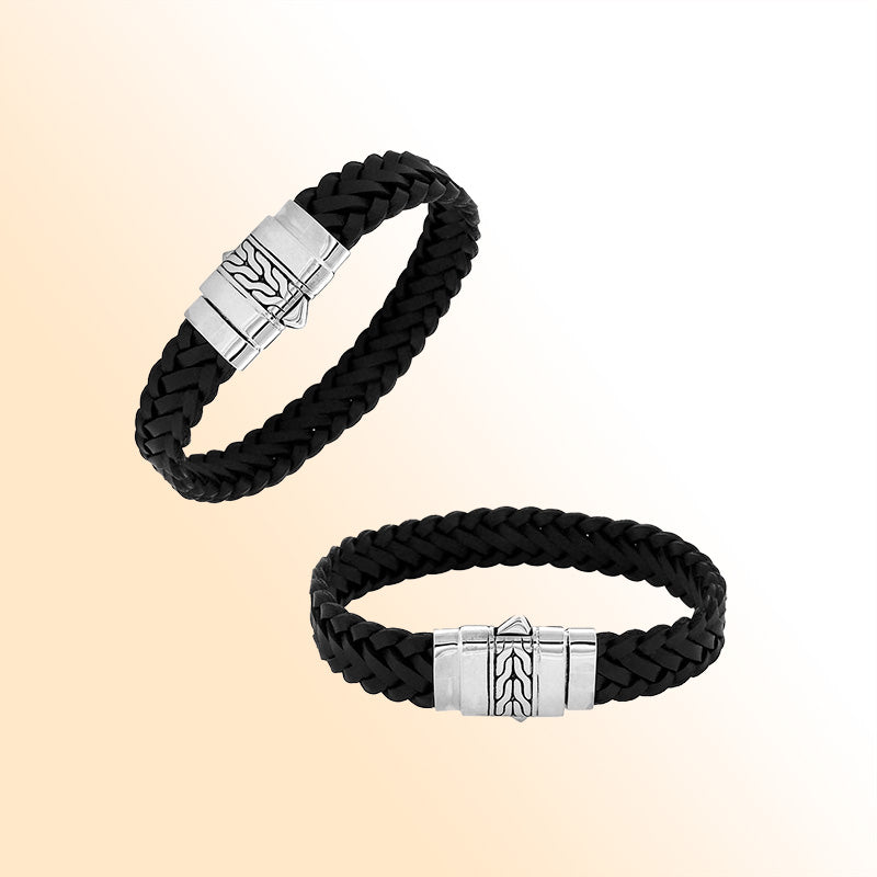 Black leather sterling silver braided bracelet with polished clasp