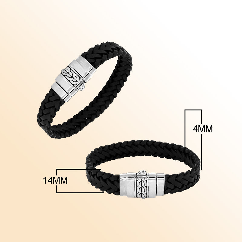 Black leather sterling silver braided bracelet with polished clasp