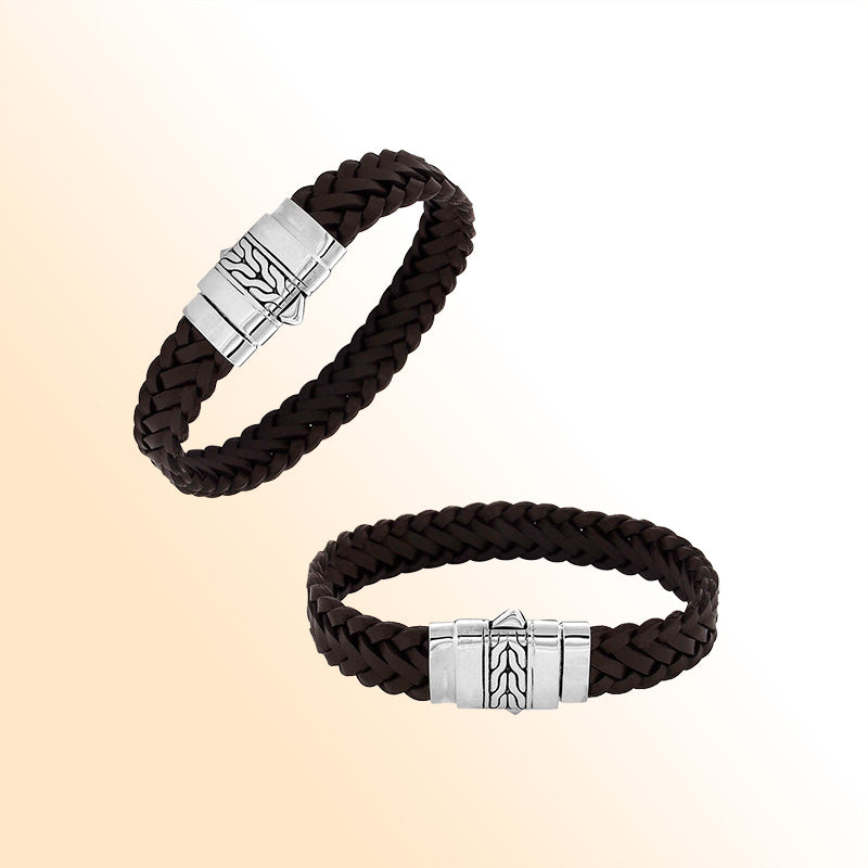 Brown leather sterling silver braided bracelet with polished clasp