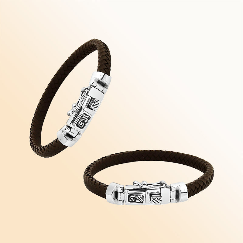 Brown Leather sterling silver braided bracelet with box clasp and safety latch