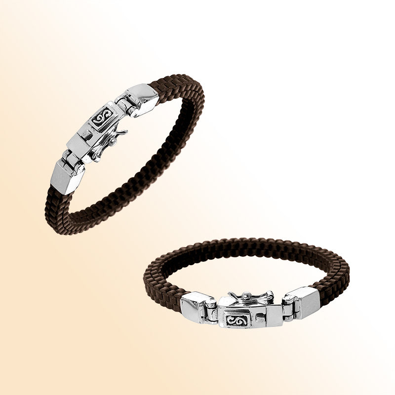 Brown Leather sterling silver braided bracelet with box clasp and polished finish