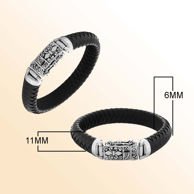 Sterling Silver Bracelet With Black Leather Jewelry Bali Designs Inc 