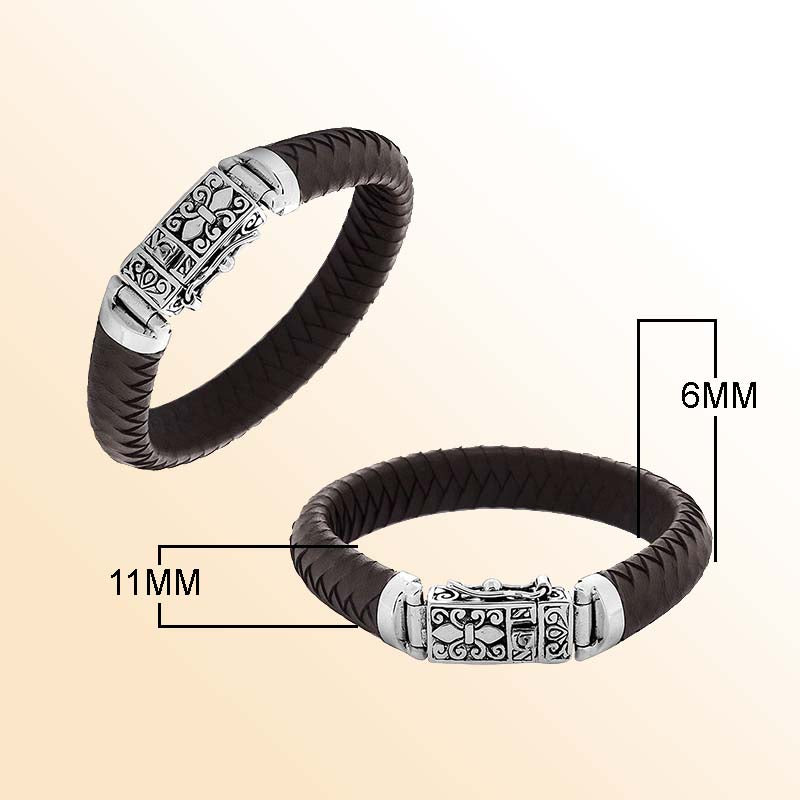 Brown Leather sterling silver braided bracelet with ornate box clasp