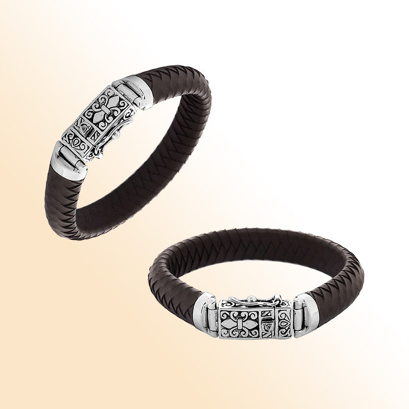 Brown Leather sterling silver braided bracelet with ornate box clasp