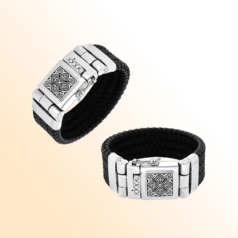 Sterling Silver Bracelet With Black Leather Jewelry Bali Designs Inc 