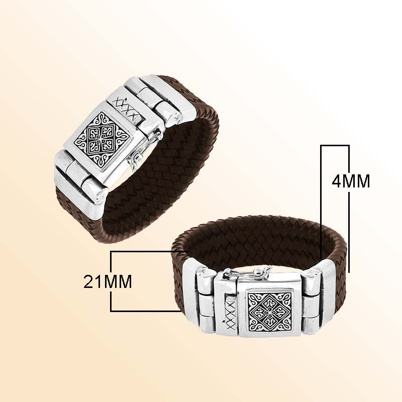 Brown Leather sterling silver braided bracelet with engraved box clasp