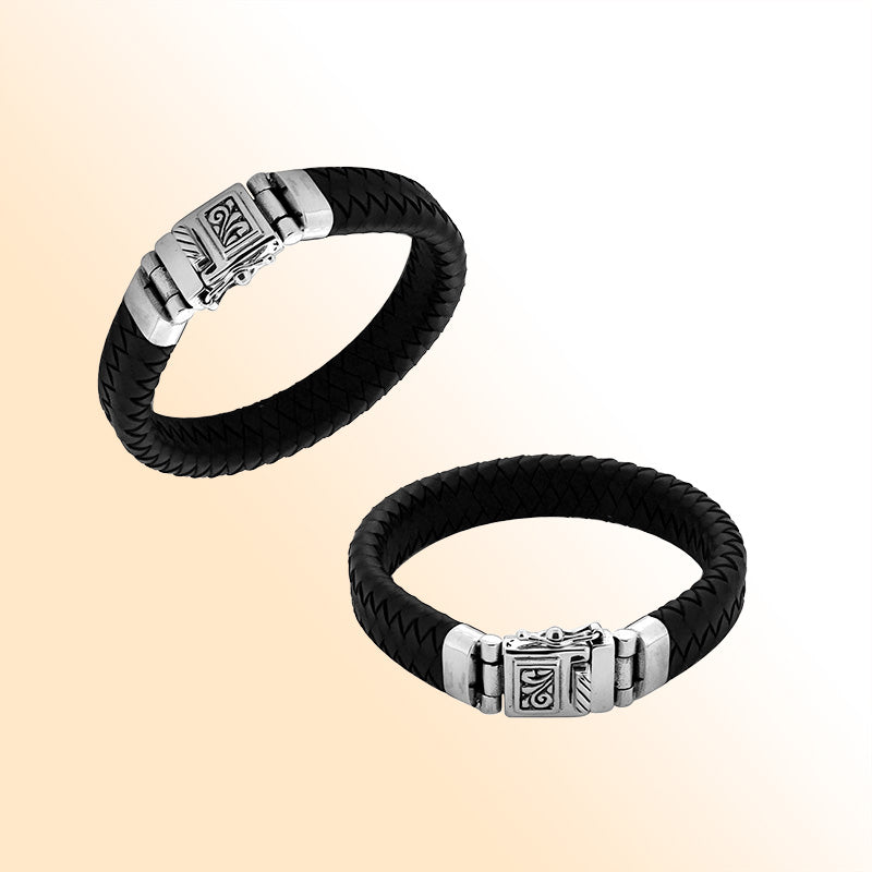 Black Leather sterling silver braided bracelet with carved box clasp