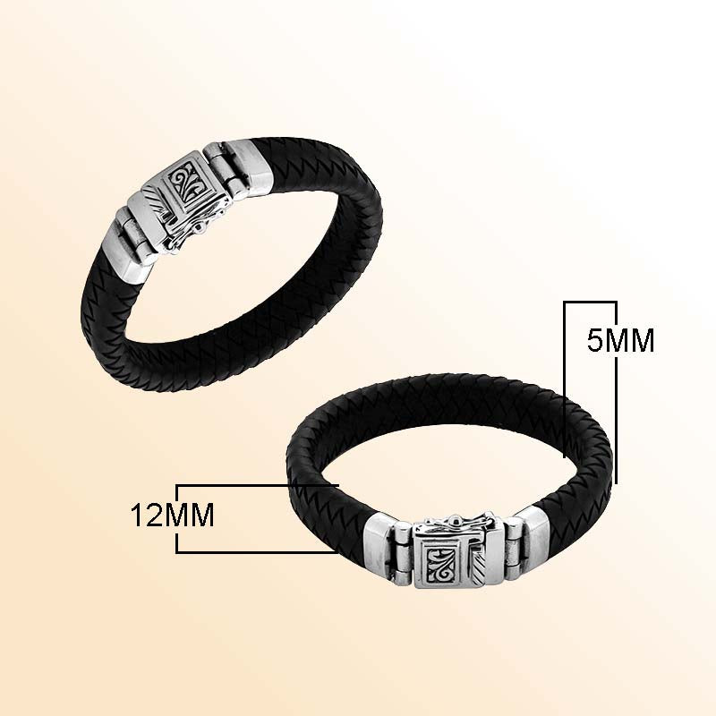 Black Leather sterling silver braided bracelet with carved box clasp