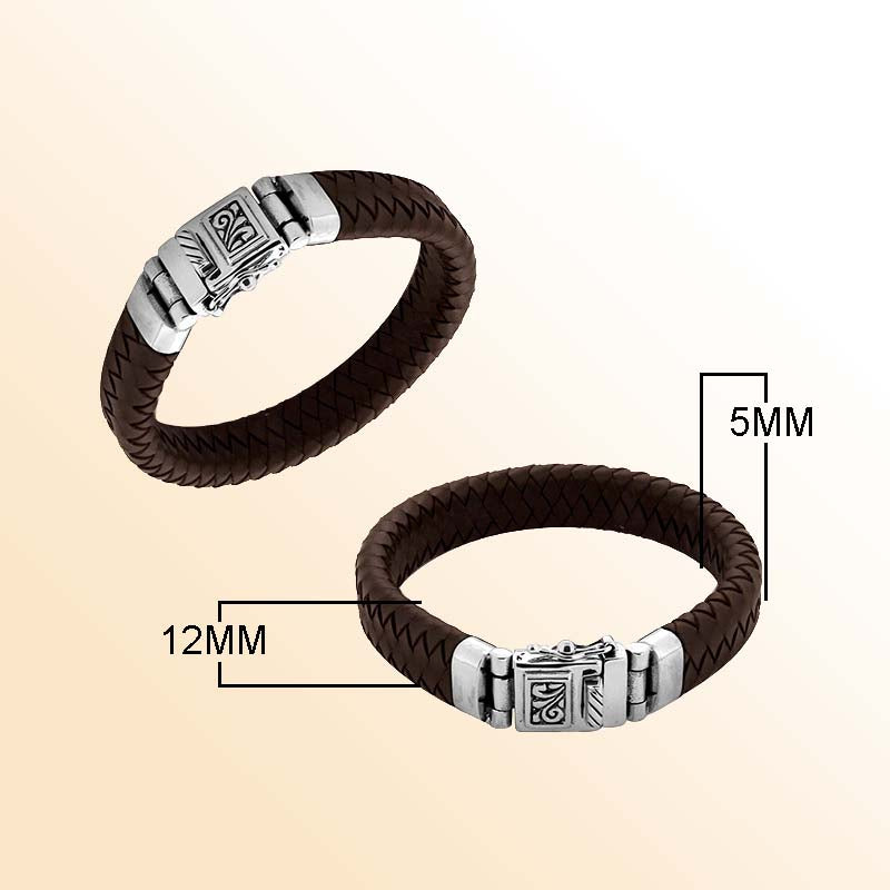 Brown Leather sterling silver braided bracelet with carved box clasp