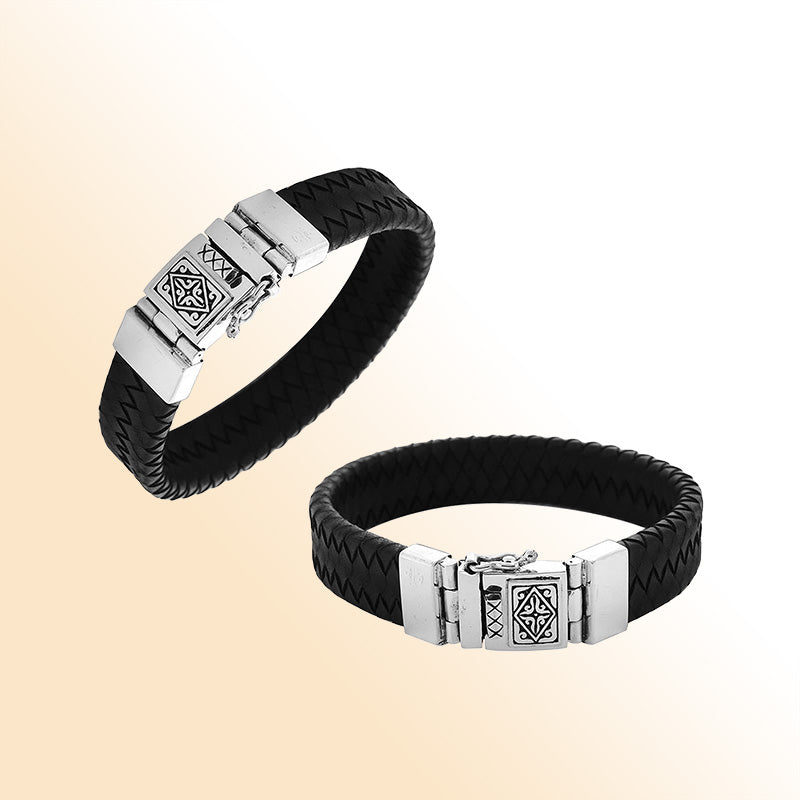 Sterling Silver And Black Braided Bracelet With Engraved Clasp Detailing For A Strong, Modern, And Effortlessly Stylish Look.