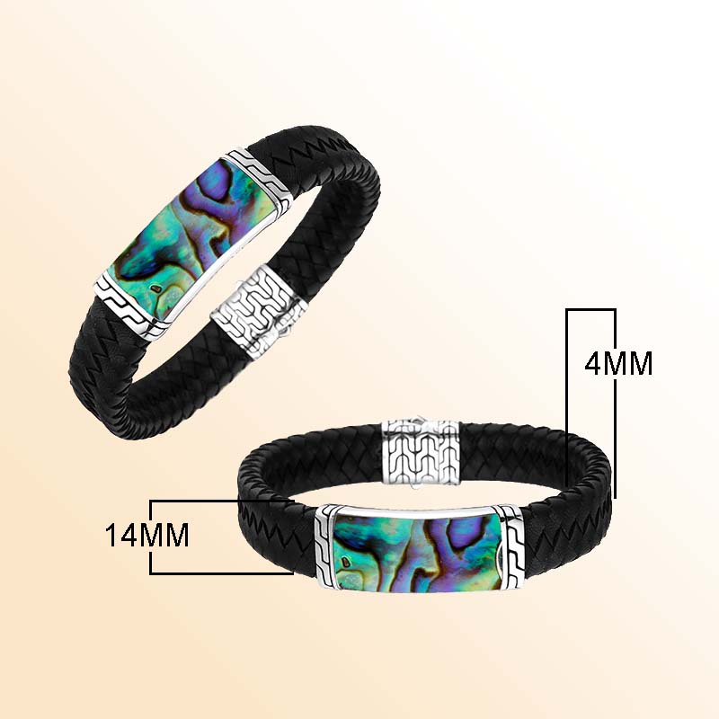 Black Leather sterling silver braided bracelet with abalone shell inlay