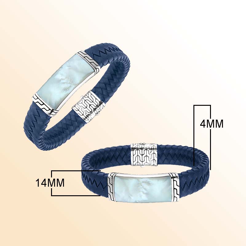 Blue Leather Bracelet With Sterling Silver And Mother Of Pearl