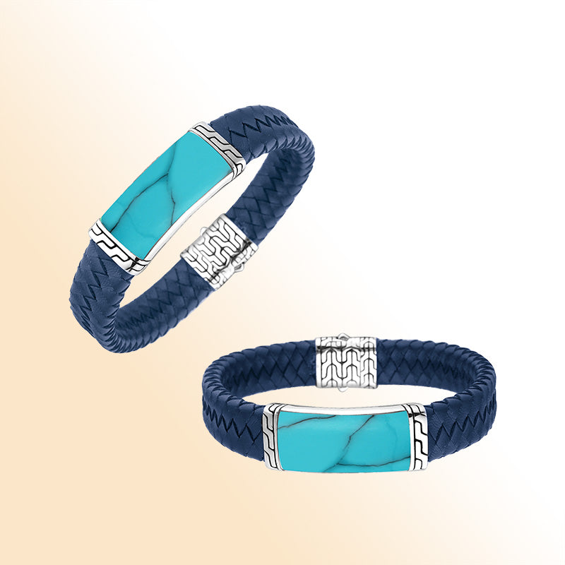 Blue Leather Bracelet With Sterling Silver And Turquoise Shell