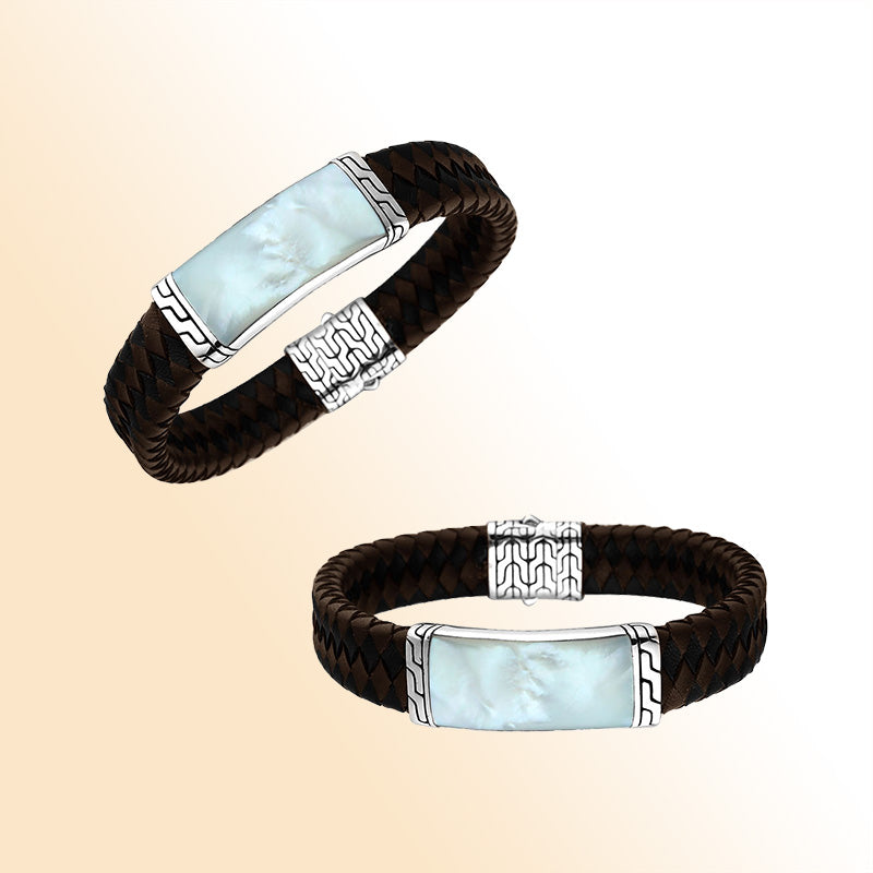 Sterling Silver And Brown Braided Bracelet With White Mother Of Pearl Center For A Rich And Modern Statement Look.