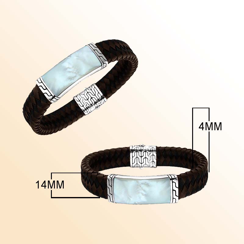 Sterling Silver And Brown Braided Bracelet With White Mother Of Pearl Center For A Rich And Modern Statement Look.
