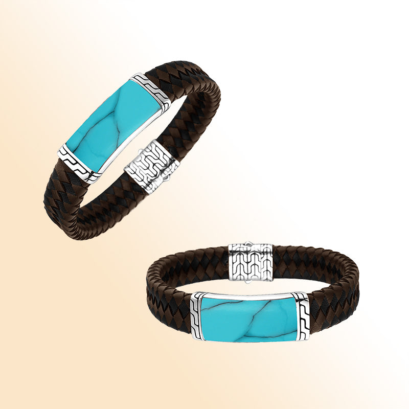 Sterling Silver And Brown Braided Bracelet With Turquoise Center For A Bold And Refined Everyday Statement.