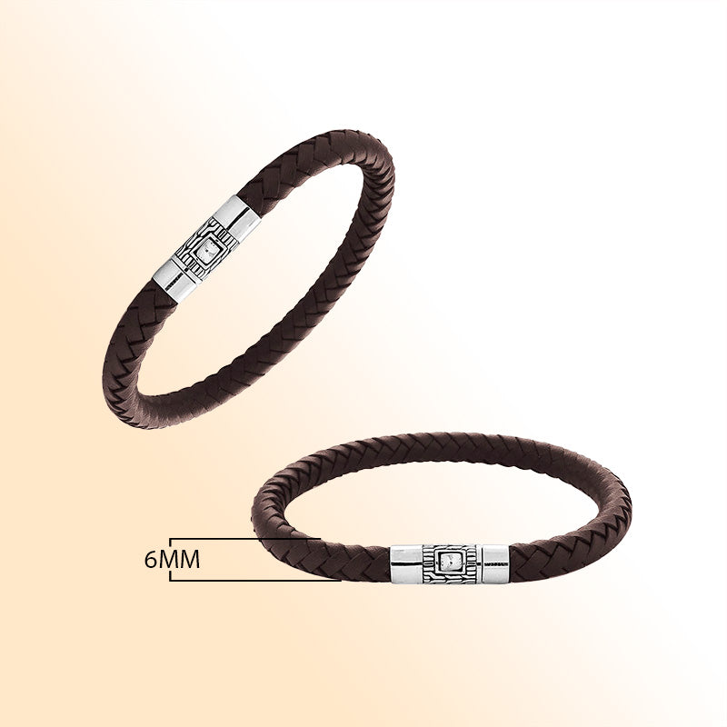 Men’s classic brown leather bracelet with sterling silver push lock handcrafted in Bali.