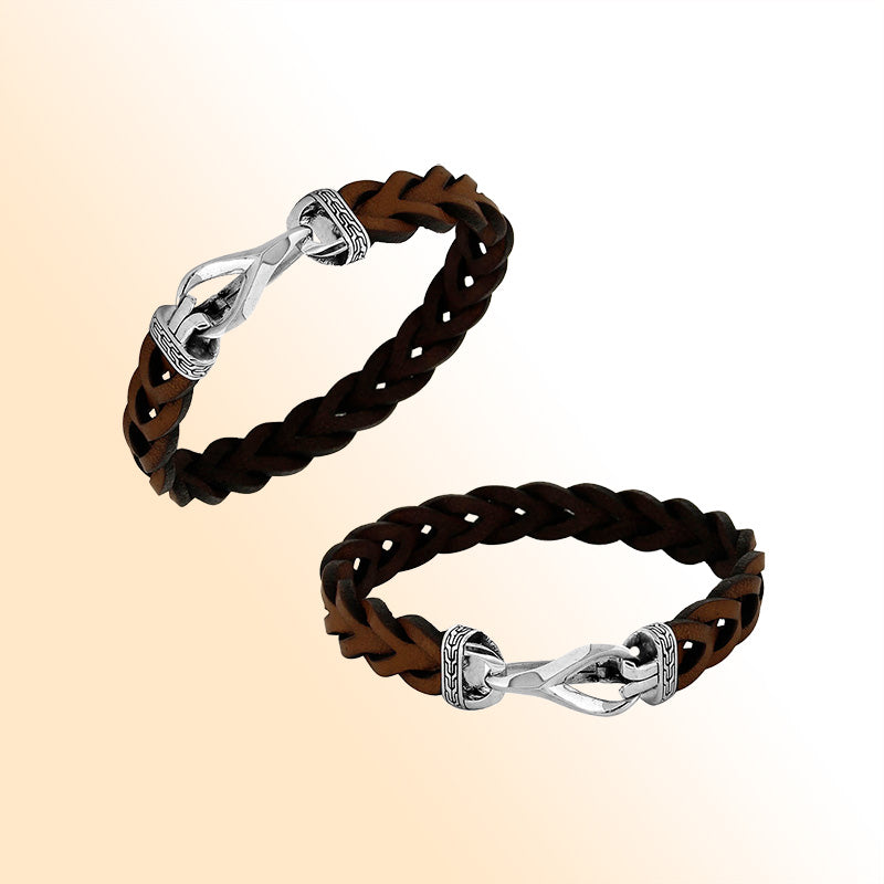 AB-1138-LT-BRW-7" Sterling Silver Bracelet With Brown Leather Jewelry Bali Designs Inc 