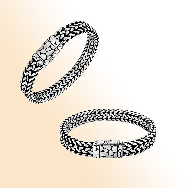 Handcrafted sterling silver bracelet with 5x10 mm braided chain and push clasp made in Bali.
