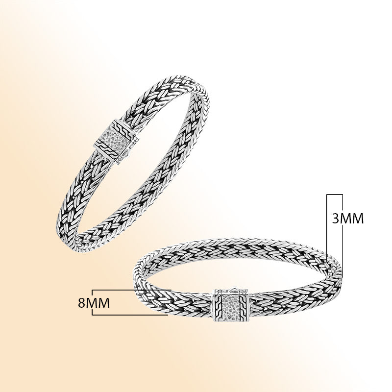 Handcrafted sterling silver 3x8 mm woven bracelet with push clasp made in Bali.