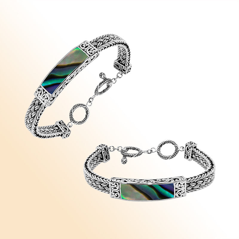 Handcrafted sterling silver bracelet with Abalone Shell and toggle lock made in Bali.
