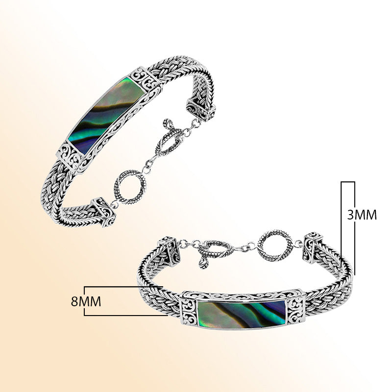 Handcrafted sterling silver bracelet with Abalone Shell and toggle lock made in Bali.