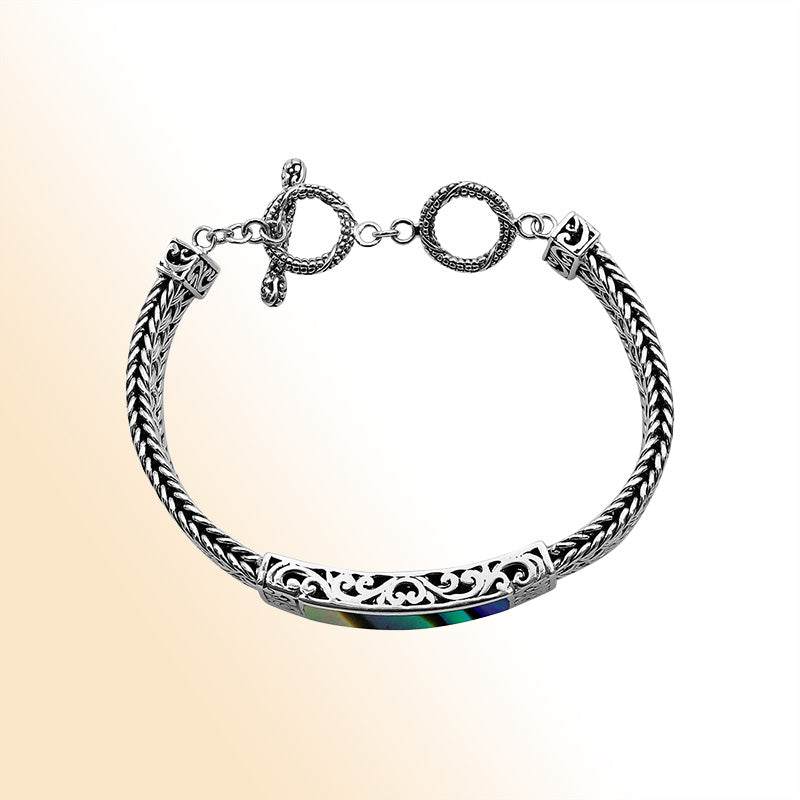Handcrafted sterling silver bracelet with Abalone Shell and toggle lock made in Bali.