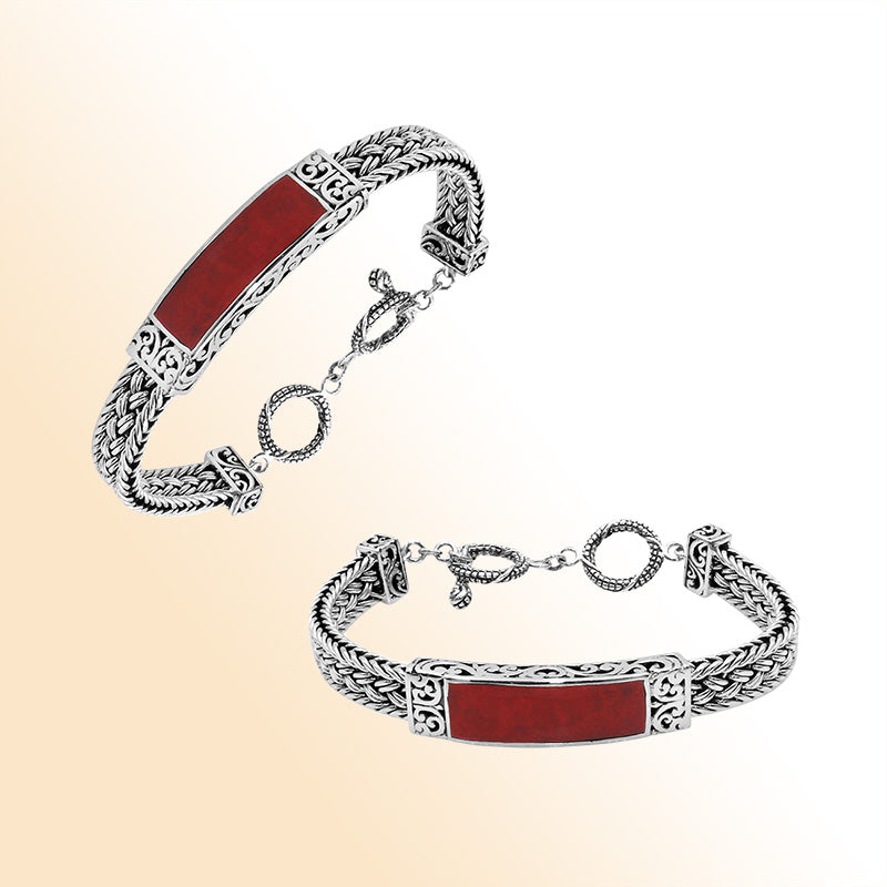 Handcrafted sterling silver bracelet with Coral inlay and toggle lock made in Bali.