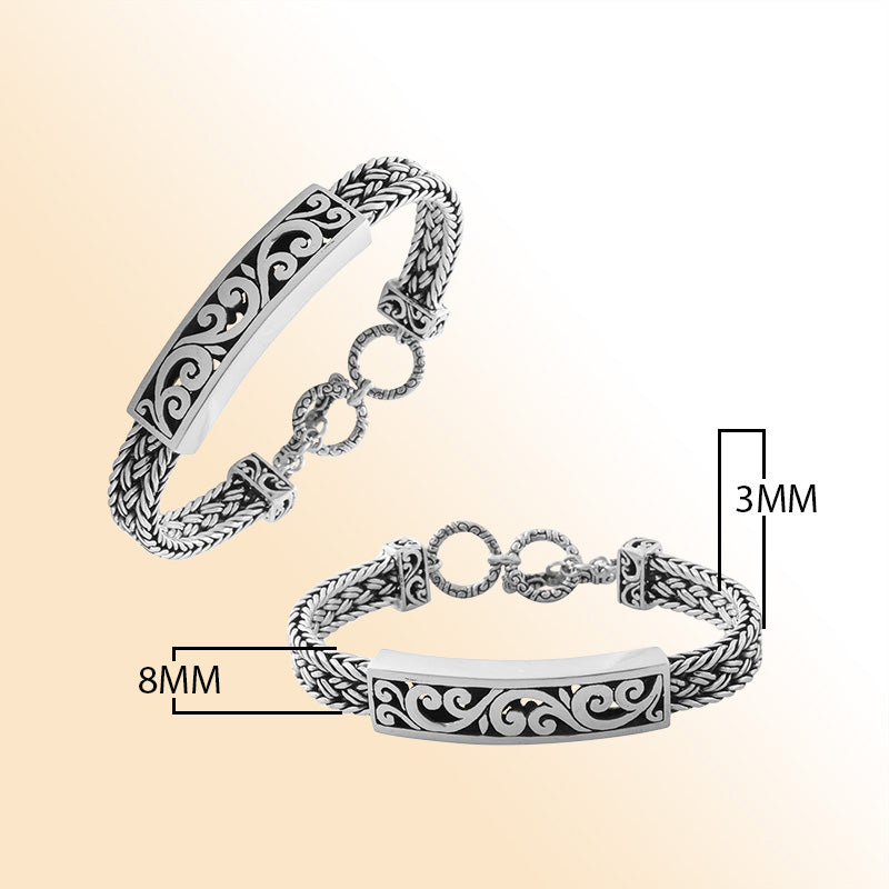 Handcrafted sterling silver bracelet with Balinese scrollwork and toggle lock made in Bali.