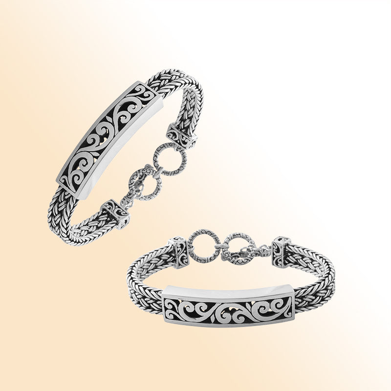 Handcrafted sterling silver bracelet with Balinese scrollwork and toggle lock made in Bali.