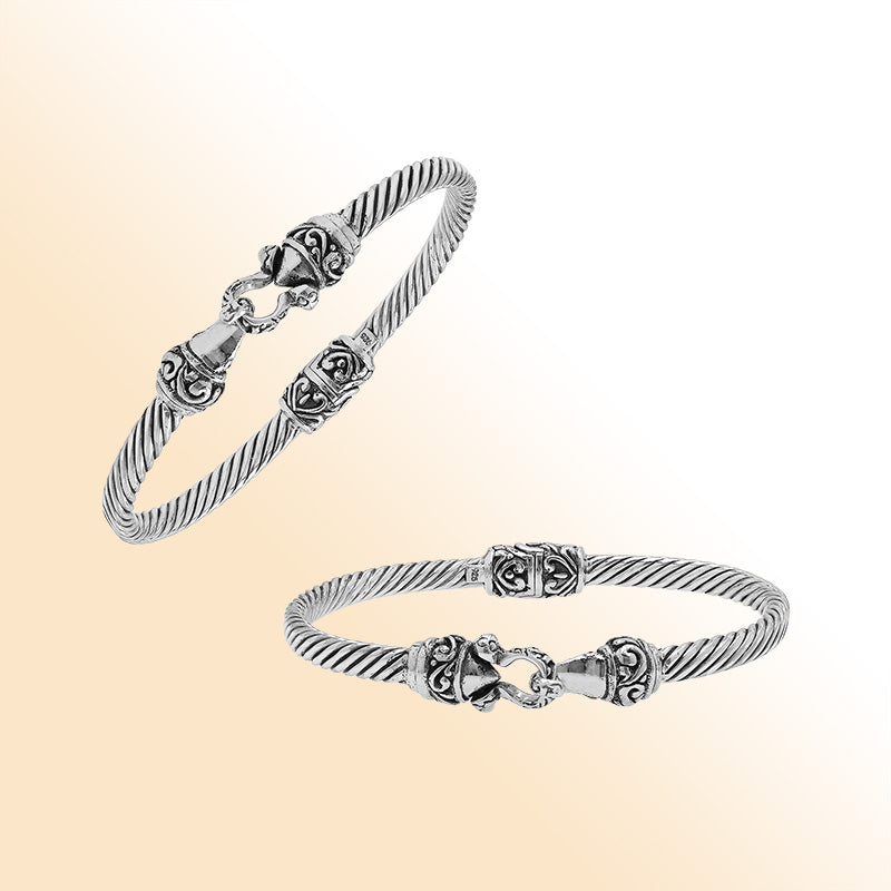 Handcrafted sterling silver Balinese hook bangle with twisted wire design made in Bali.