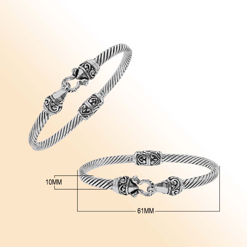 Handcrafted sterling silver Balinese hook bangle with twisted wire design made in Bali.