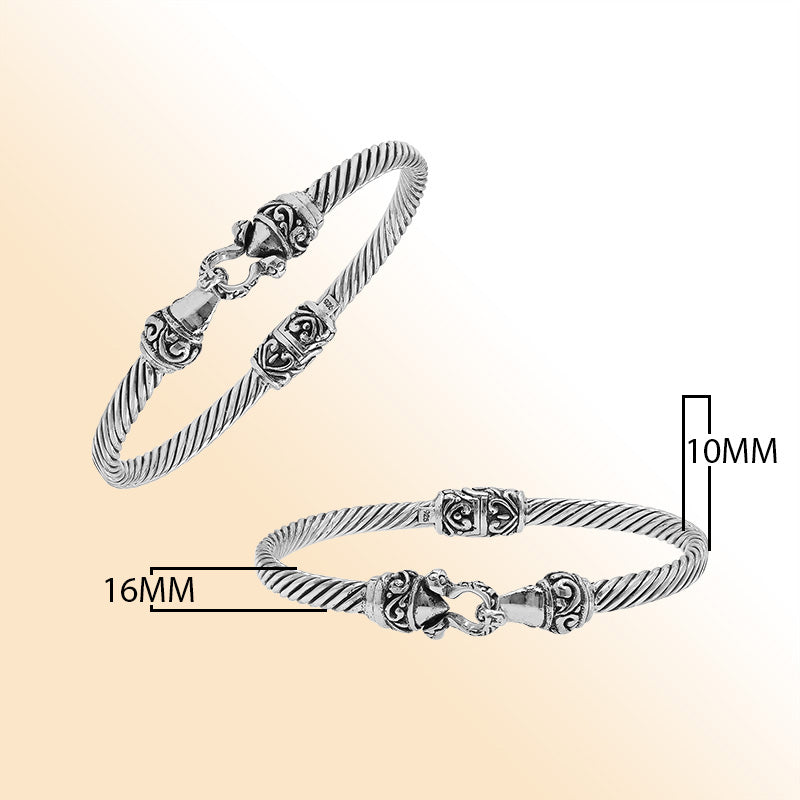 Handcrafted sterling silver Balinese hook bangle with twisted wire design made in Bali.