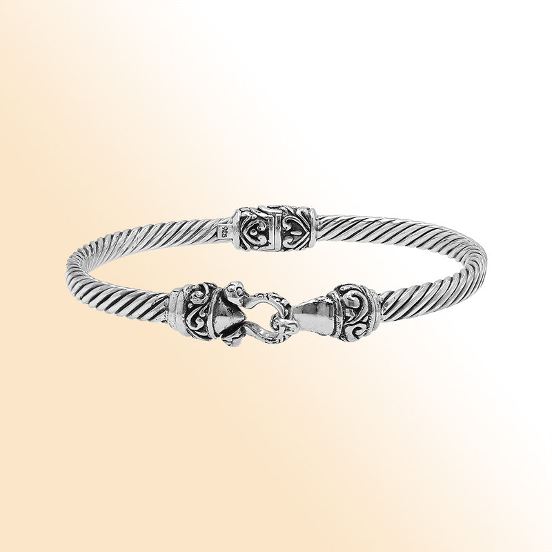 Handcrafted sterling silver Balinese hook bangle with twisted wire design made in Bali.