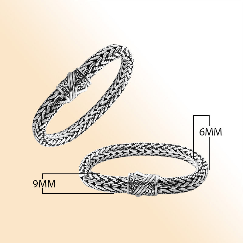 Handcrafted sterling silver Balinese braided bracelet with ornate push clasp made in Bali.