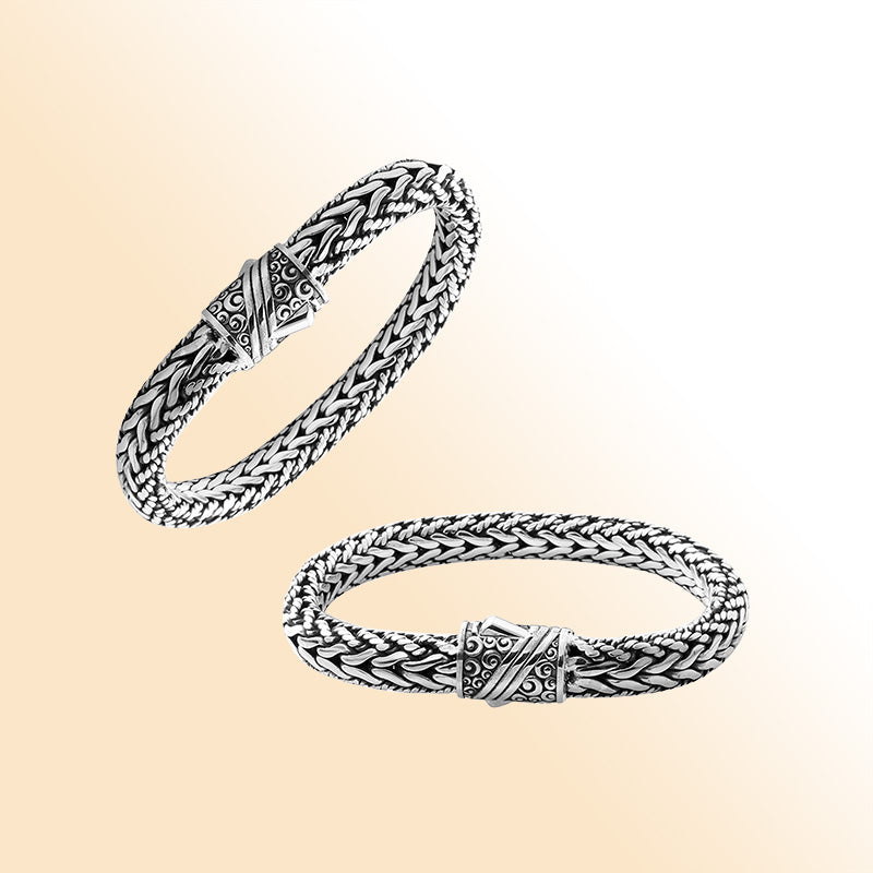 Handcrafted sterling silver Balinese braided bracelet with ornate push clasp made in Bali.